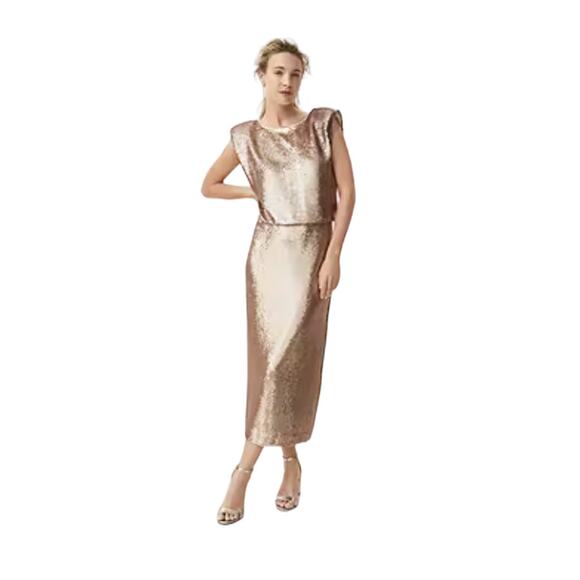 New Ryegrass Women's Rose Gold Sleeveless Padded Sequin Midi Dress Size M - Picture 2 of 8